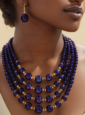 necklace women欧美时尚绚丽多层珍珠气质女士项链耳环套装宴会饰