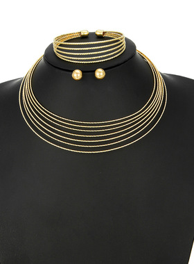 欧美多层金属丝项圈手镯耳钉三件套非洲项链饰品necklace suit