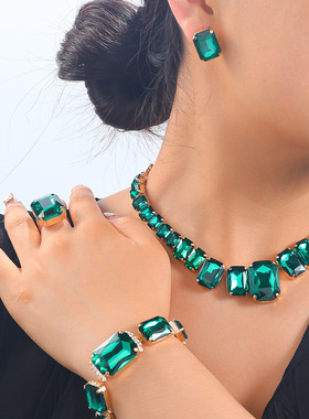 欧美夸张项链重工水钻方块项链耳环手链套装设计感时尚百搭配饰