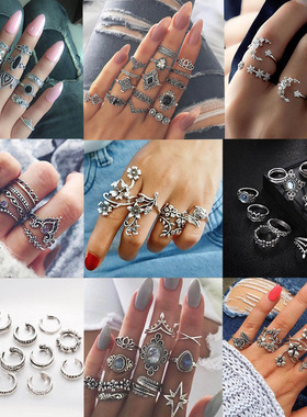 Retro Star Moon Crystal Ring women波西米亚套星星月亮水晶戒指