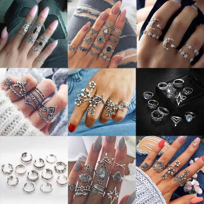 Retro Star Moon Crystal Ring women波西米亚套星星月亮水晶戒指