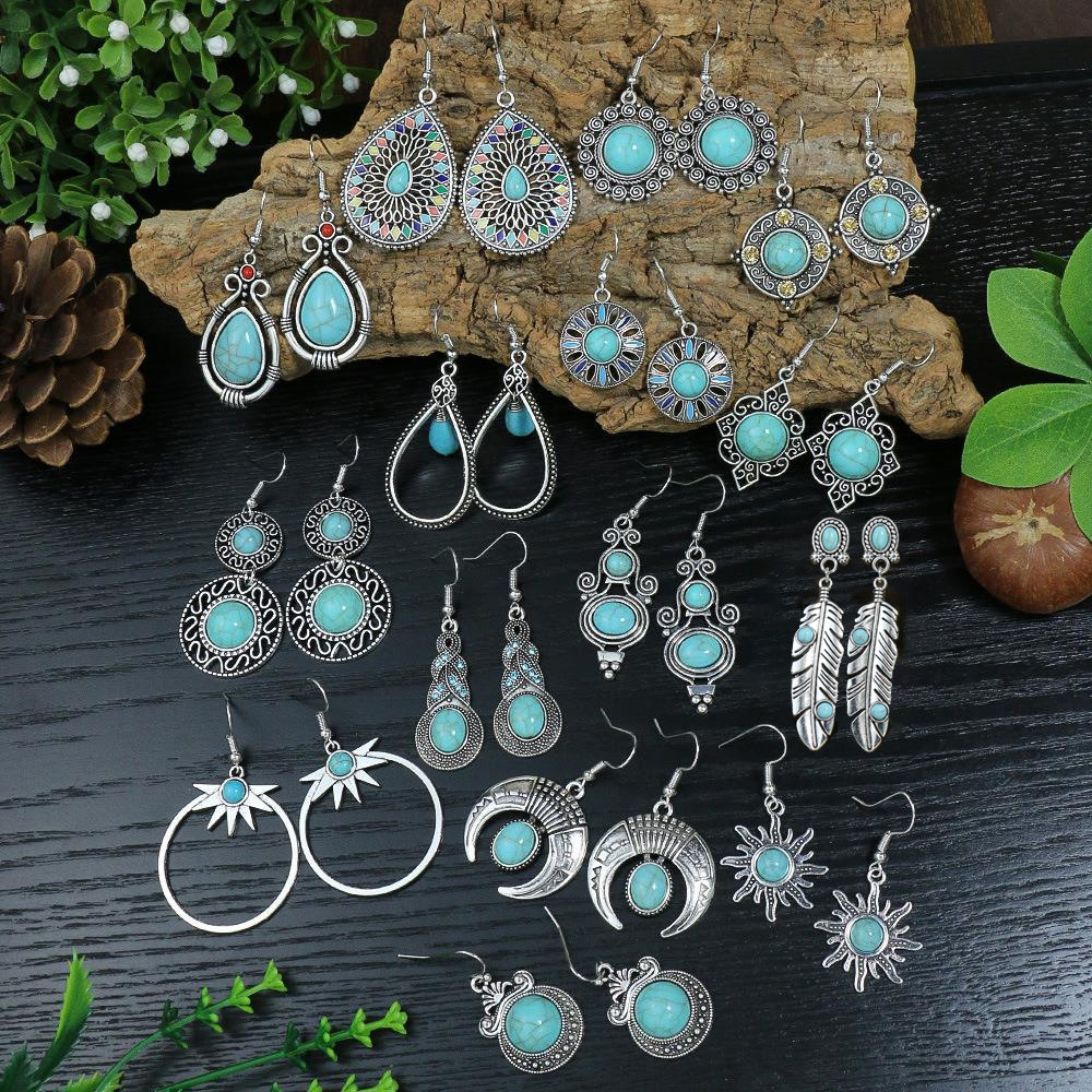 Vintage Turquoise tassel earrings women松石波西米亚流苏耳环