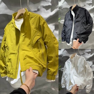 春季新款拼接纯色拉链薄款立领夹克男士通勤百搭翻领上班外套男款