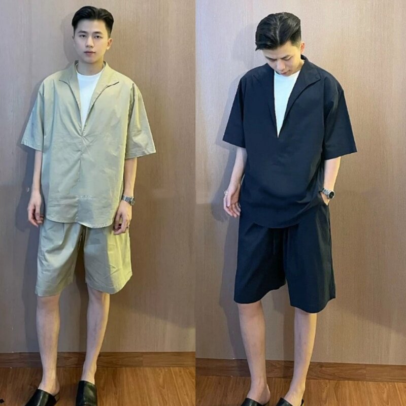 夏季老钱风休闲运动套装男士时尚轻奢假两件V领短袖T恤短裤两件套