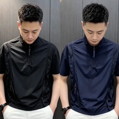 夏季新款短袖男士显瘦修身立领t恤轻奢时尚冰丝透气半拉链男上衣