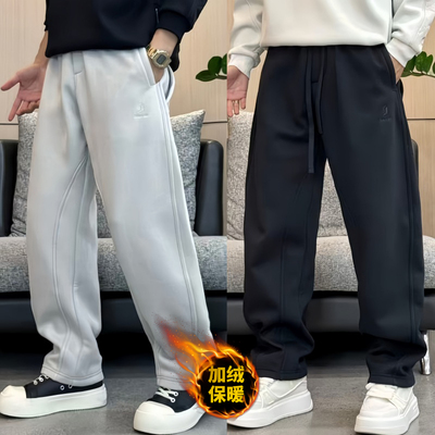 冬季重磅加绒加厚卫裤男士净版简约松紧腰直筒休闲裤保暖长裤男款