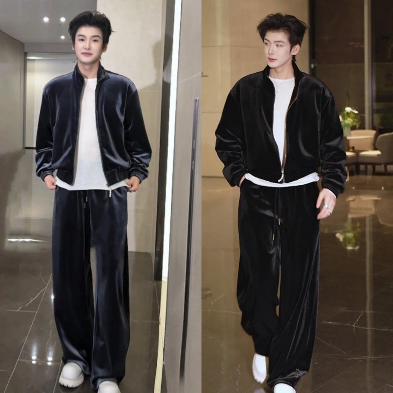 春季高级感轻奢金丝绒时尚套装男士简约立领保暖外套直筒裤两件套