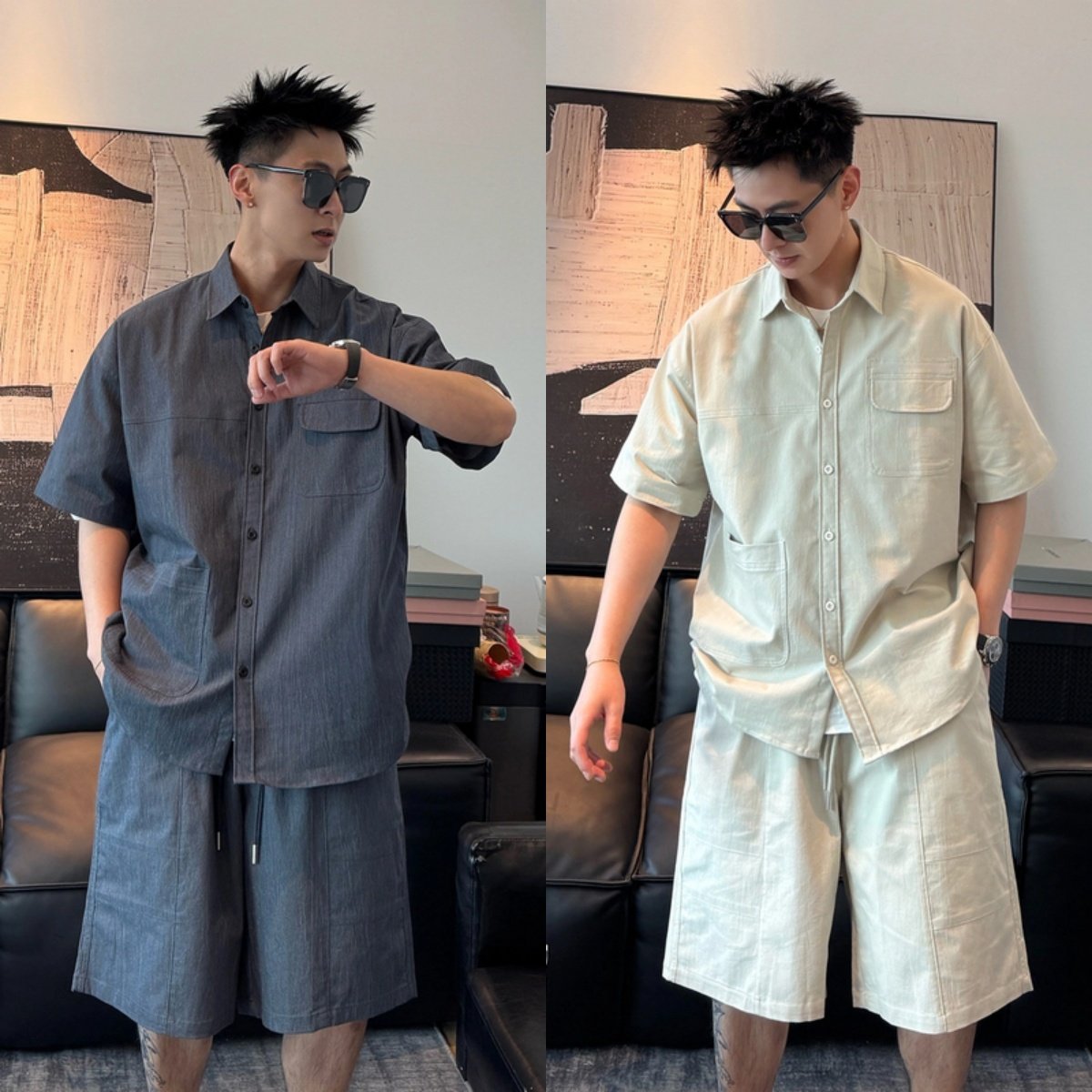 夏季潮牌复古蜡染水洗工装套装男时尚百搭透气短袖衬衫短裤两件套