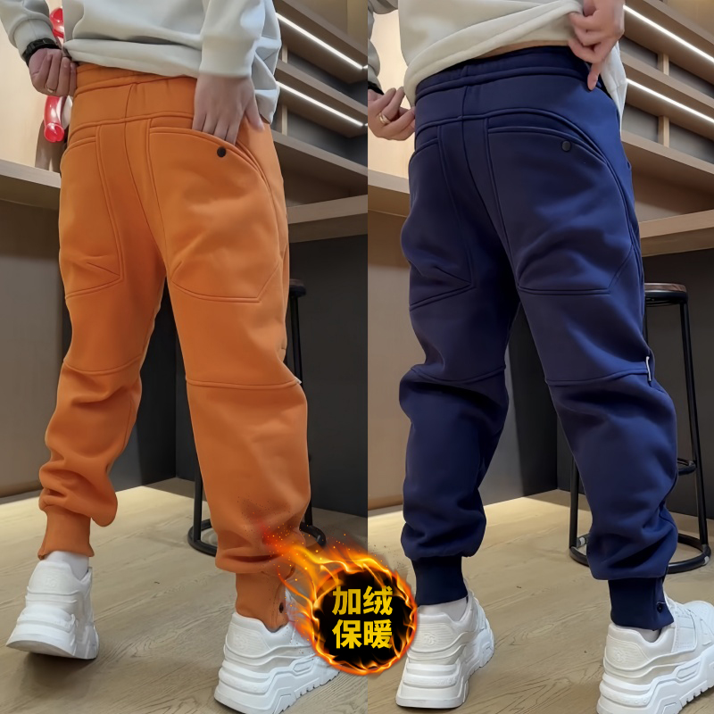 冬季重磅加绒加厚裤子男士裤脚按扣弹力束脚卫裤青年保暖休闲长裤