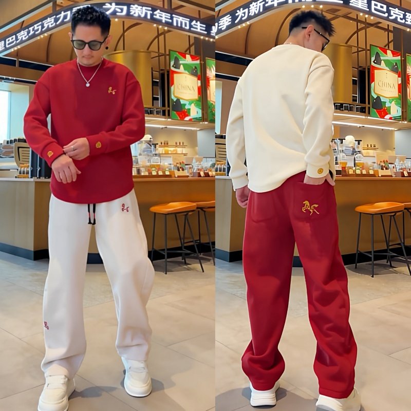 2026新年款刺绣加绒休闲运动套装男士显瘦圆领卫衣两件套男一整套,男装,休闲运动套装,淘宝优惠券,粉丝福利购,淘宝优惠卷