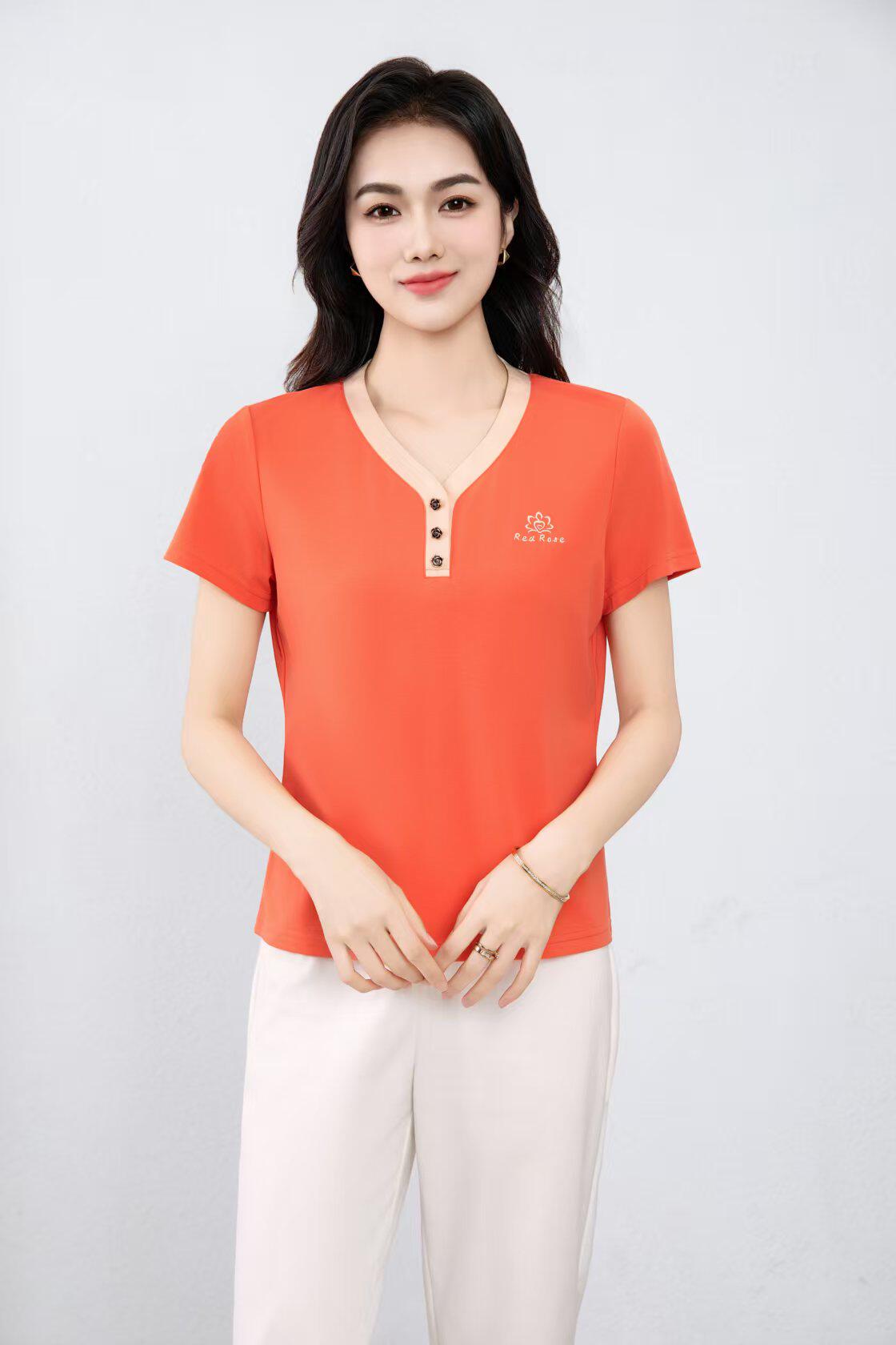 云粤祺2026夏季新款V领短袖t恤女时尚薄款大码淑女宽松百搭上衣潮
