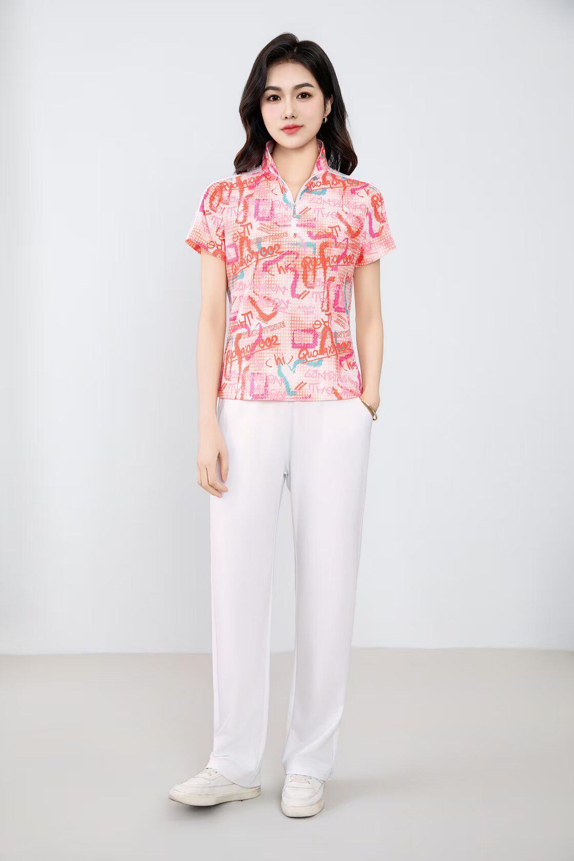 云粤祺2026夏季花色T恤运动套装女洋气减龄休闲跳舞服白色直简裤