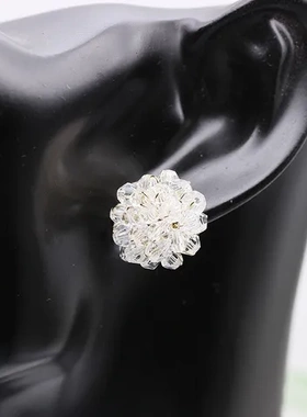 s925银针CHIC耳环透明圆形水晶花球真金韩国电镀手工耳钉耳饰编织