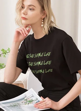 女宽松打底衫印花女装圆领短袖时尚BF风字母T恤棉质CANVAUS白色