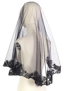 哥特风女巫头饰派对玫瑰花面纱蕾丝万圣节欧美鬼新娘头纱复古黑色