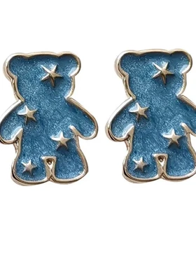 耳钉时尚小熊1849耳夹日系小巧设计S925银针蓝色耳环气质星星可爱