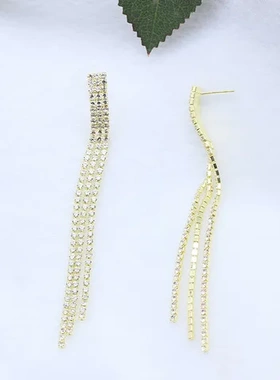 s925银针耳饰钻石长款镶钻耳环长短不规则耳坠优雅流苏韩版简约