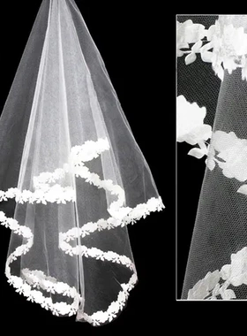 简约派对婚礼头纱头饰短款直供单层白色厂货纸欧美玫瑰花边压新娘