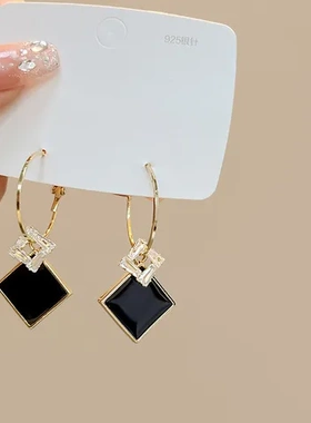 黑色轻奢银针耳钉玫瑰花耳坠镶钻高级感蝴蝶结气质耳环网红