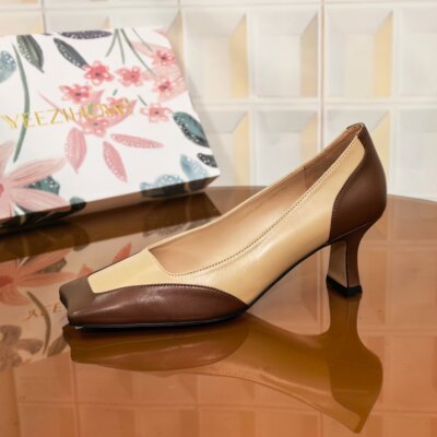 2681/4CM胎牛皮断码撤柜清仓处理单鞋气质方头浅口单鞋中跟女防滑
