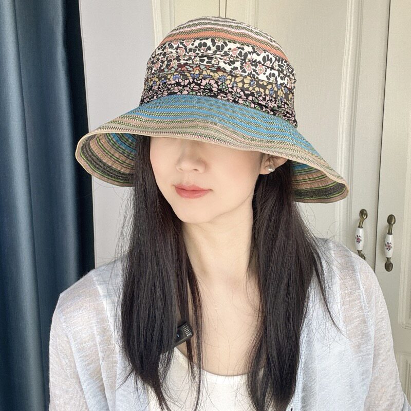 防紫外线可折叠防晒太阳帽女士夏天遮阳帽子新款花纹渔夫帽