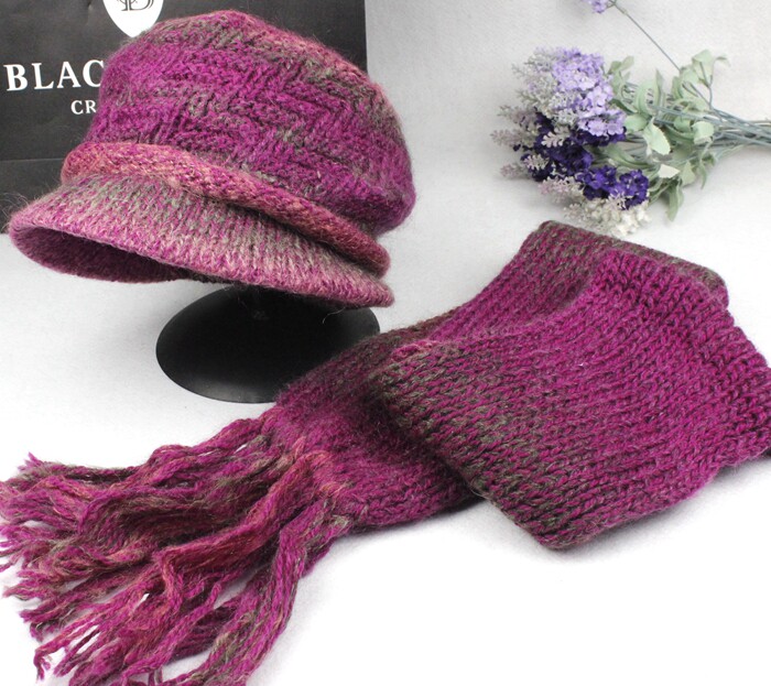 100%羊毛帽子围巾两件套加绒帽子女保暖防风中老年妈妈护耳冬款帽