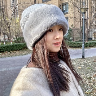针织帽女高档兔绒加厚保暖毛线帽子休闲时尚滑雪地防风堆堆冷帽