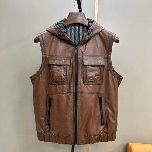 新款真皮马甲男士皮衣牛皮油腊短款坎肩皮夹克连帽外套机车背马甲