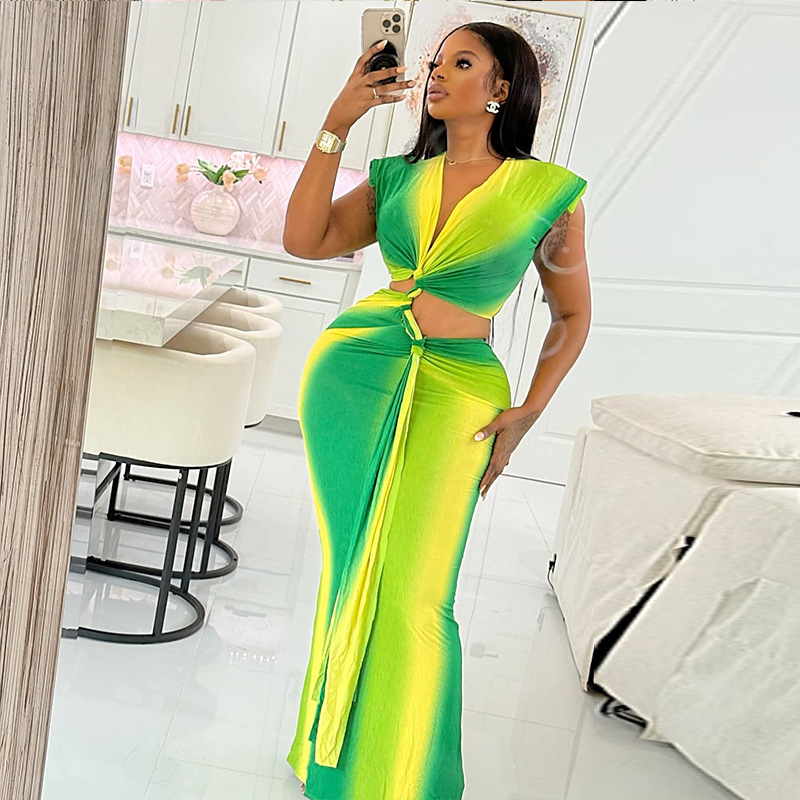 欧美风ins跨境个性街头女装镂空拼色包臀裙渐变色V领绑带长连衣裙