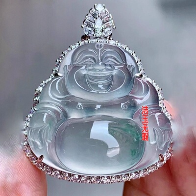 翡翠色冰种玉佛佛公18吊吊坠925镶嵌弥勒佛挂件