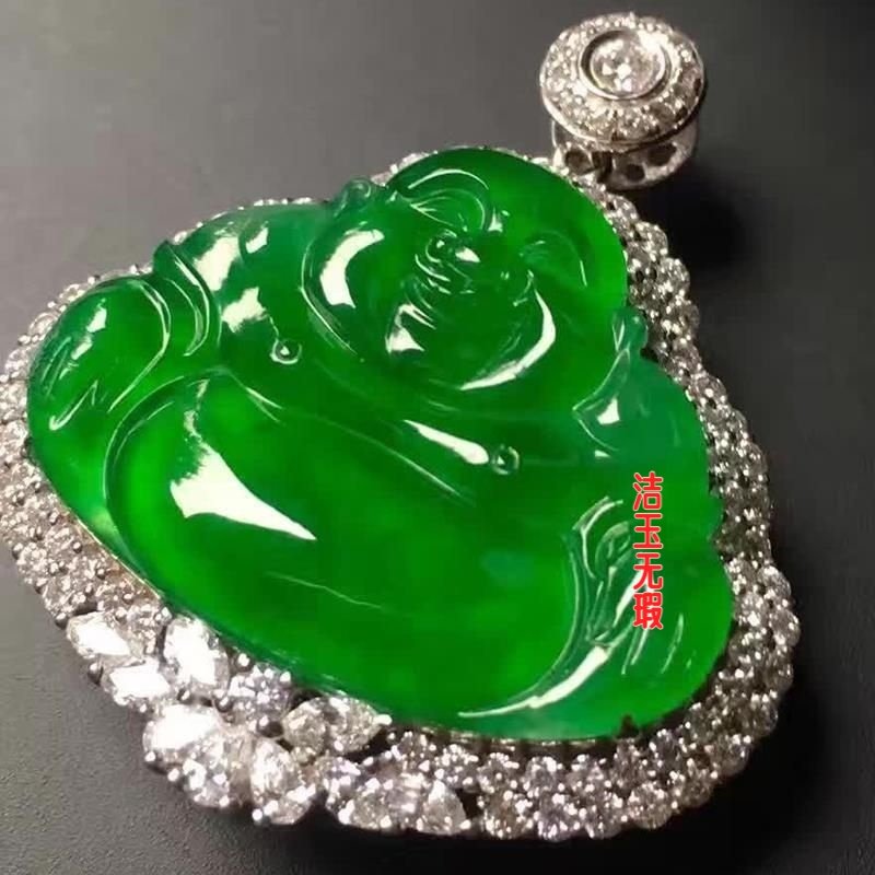 翡翠色佛公吊坠镶满绿冰种帝王绿正阳绿坐佛玉佩高端礼