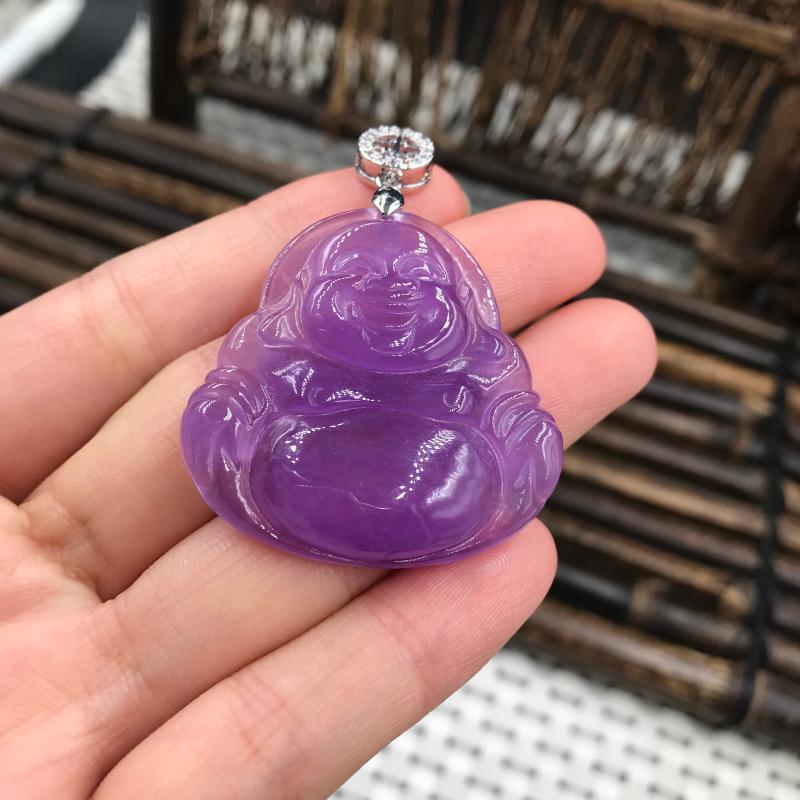 天然缅甸A货翡翠紫罗兰玉佛冰种女款笑佛玉坠玉石玉器