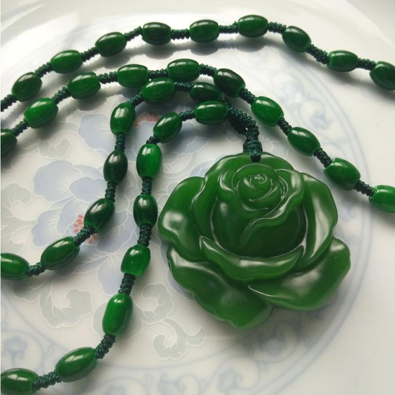 绿玉和田玉色白玉牡丹花吊坠女款玫瑰花玉坠毛衣链项链