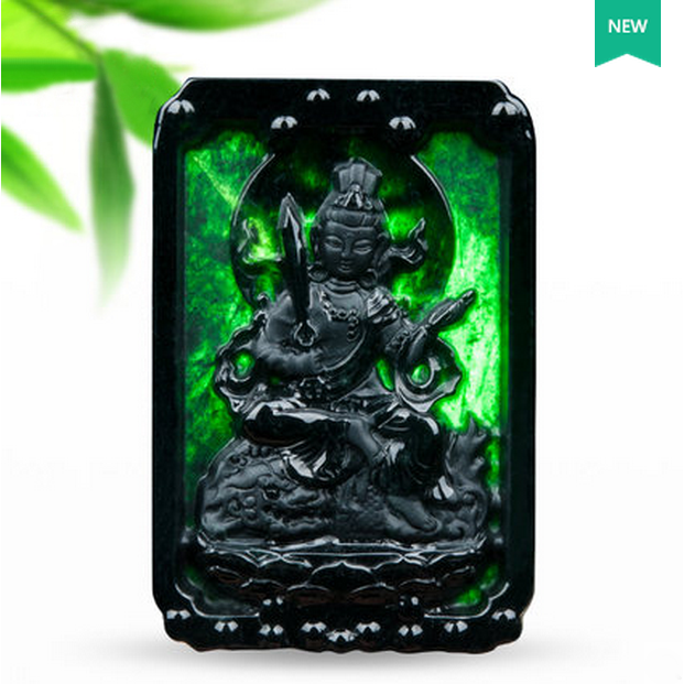 天然翡翠墨翠文殊菩萨吊坠守护神十二生肖属兔本命佛项链挂件玉坠