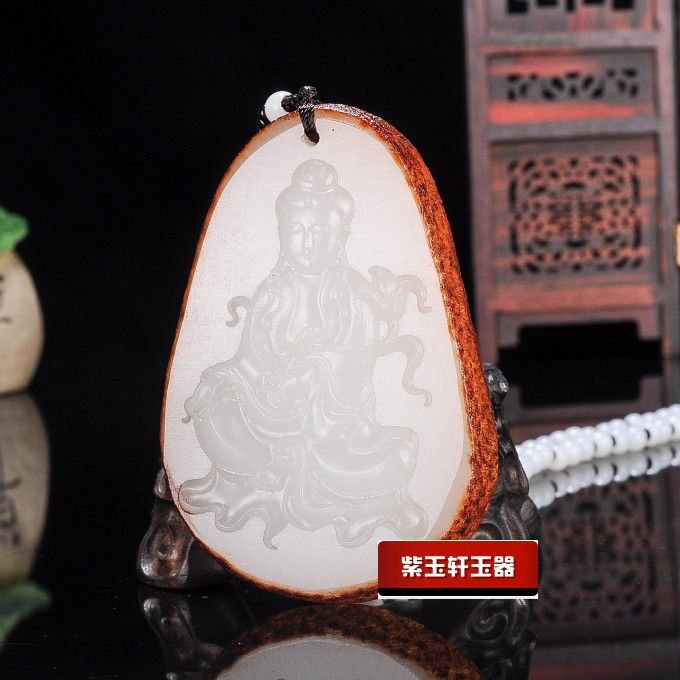 新疆和田玉观音白玉吊坠挂件 原石观音玉吊坠带皮玉牌