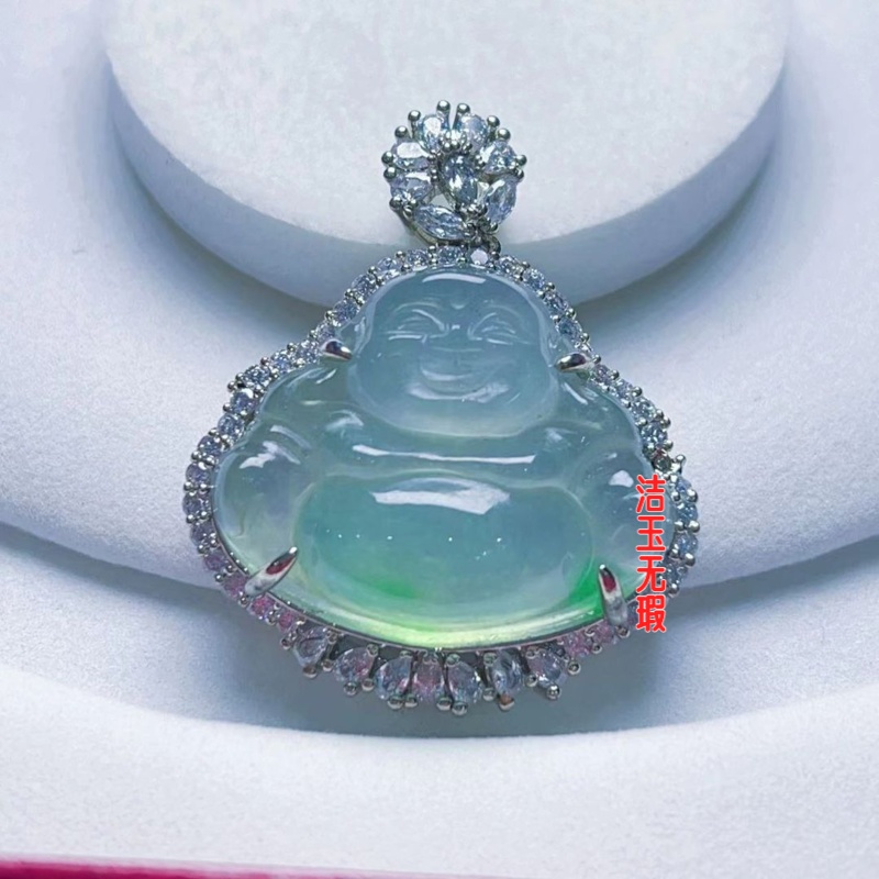 翡翠色佛公吊佛公高端冰种镶嵌玉佛挂件吊坠弥勒佛18女款