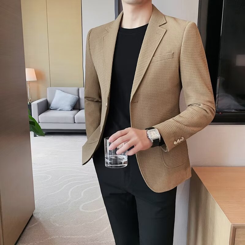 轻奢休闲西装外套男英伦修身时尚商务职业免烫男士单件西服