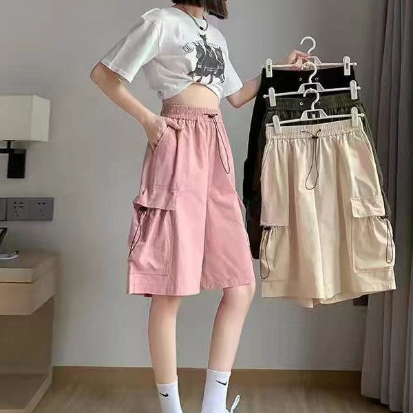 大码工装短裤女夏季薄款美式休闲中裤设计感高腰阔腿运动五分裤子