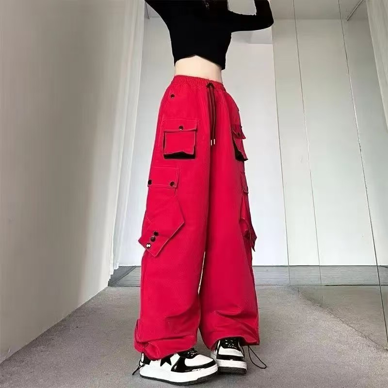 红色工装裤女2025新款显瘦高腰阔腿美式拽步舞宽松运动休闲裤子潮