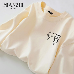 棉致卡通小猫春秋款米白纯棉长袖t恤男宽松青少年新款趣味上衣服