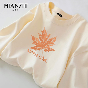 棉致2026春秋枫叶长袖男款t恤潮牌宽松大码国风米色纯棉内搭上衣