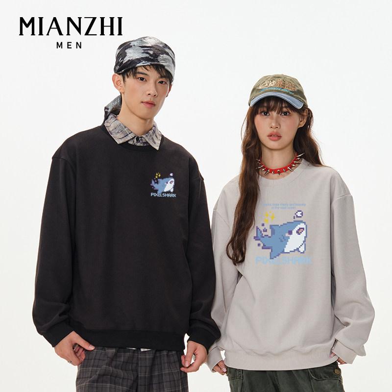 棉致像素鲨鱼华夫格卫衣男圆领春秋内搭长袖宽松青少年潮流打底衫,男装,卫衣,淘宝优惠券,粉丝福利购,淘宝优惠卷