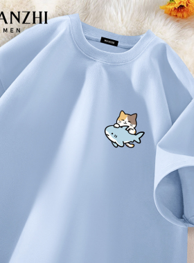 棉致卡通小猫蓝色纯棉短袖男款t恤夏季青少年大码休闲宽松上衣服