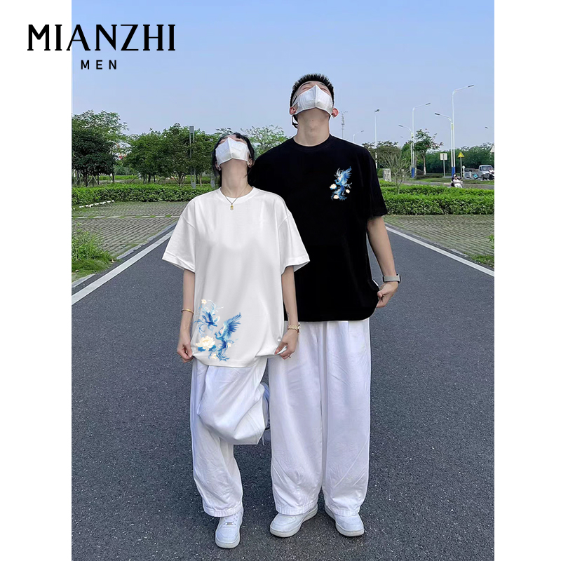 棉致蓝羽凤凰不一样的情侣装短袖t恤纯棉roora法式2025新款上衣服