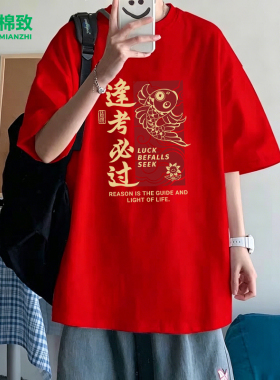 棉致逢考必过红色短袖t恤中高考上岸好运锦鲤家长陪考服考试班服