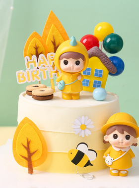 情侣装娃娃蛋糕装饰摆件黄衣背包男孩女孩生日烘焙情景甜品台装扮