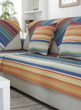 简约现代双面全纯棉沙发垫布艺坐垫套扶手靠背巾条纹红灰蓝棕色格