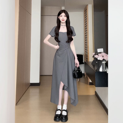 松本丧丧夏季新款一片式掐腰裙不规则设计感长裙通勤黑色连衣裙女