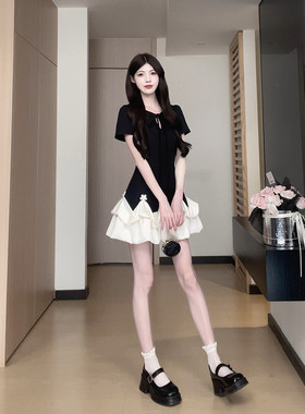 【清仓】松本丧丧夏日绝美小裙子气质千金风蛋糕裙夏季黑色连衣裙