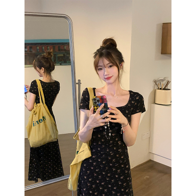 松本丧丧黑色碎花小黑裙